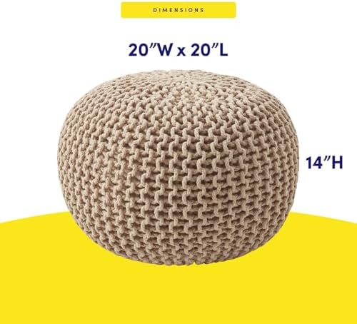 Pouf Ottoman Foot Rest Stuffed – 20” Diameter x 14” Tall Cozy Floor Pouf for Living Room, Bedroom, Nursery & More – 100% Cotton Knit Shell, EPS Bead Filled Footrest & Accent Chair, Taupe