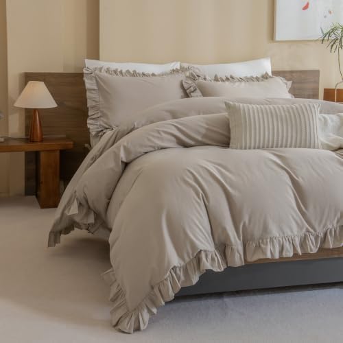 Washed Cotton Duvet Cover King Ruffle Duvet Cover Linen Textured Farmhouse Shabby Vintage Chic Bedding Comforter Cover 3 PCs Aesthetic French Country Vintage King Bedding