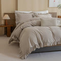 Washed Cotton Duvet Cover King Ruffle Duvet Cover Linen Textured Farmhouse Shabby Vintage Chic Bedding Comforter Cover 3 PCs Aesthetic French Country Vintage King Bedding