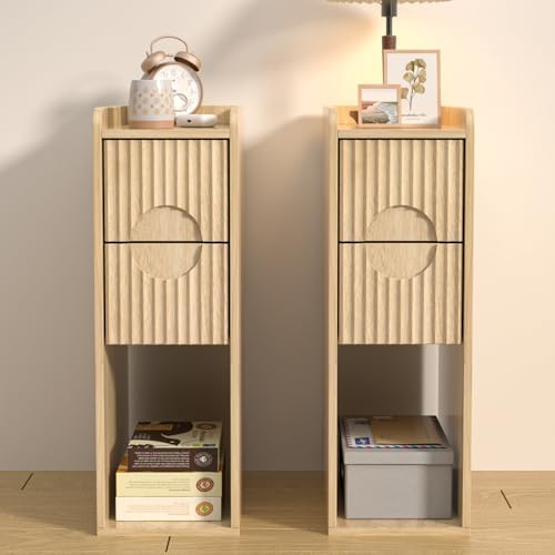Small Fluted Nightstand Set of 2, Wood 2 Drawer Narrow Nightstand, Slim Side Table, Modern Boho End Bedside Table, Natural Wood Night Stand with Drawers for Bedroom, Living Room, Natural