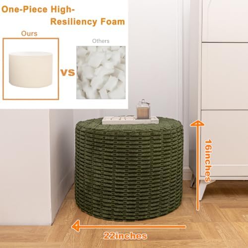 Boneless Ottoman Cloud Couch Ottoman, Rectangular Furry Floor Pouf Foot Rest with Premium Foam Filling, Multi-Use Foot Rest Stool for Living Room & Bedroom (Dark Green, 22x22x16 Inches, Round)