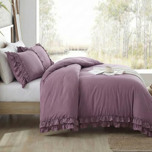 Bedorm Queen Duvet Cover Set Purple Ruffle Bedding Set Pleat Ruffled Shabby Chic Comforter Cover Extra Soft & Easy Care Farmhouse Boho Duvet Cover with Zipper Closure