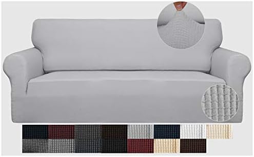 JIVINER High Stretch Couch Covers for 3 Cushion Couch 1-Piece Extra Large Sofa Covers with Elastic Bottom Anti Slip Elastic Sofa Slipcover Furniture Protector for Pets (XL Sofa, Light Gray and White)