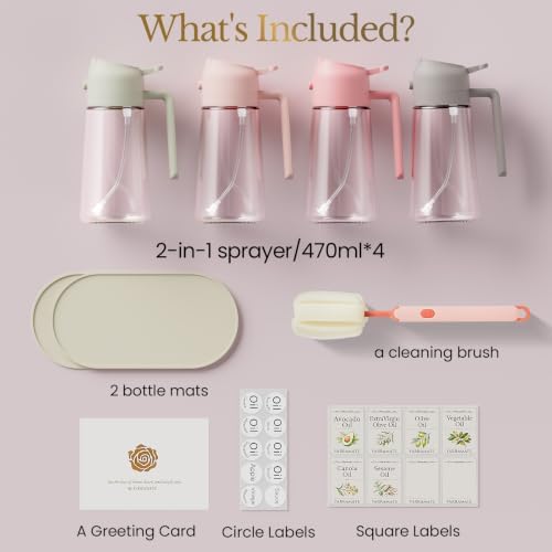 YARRAMATE Olive Oil Dispenser, 2 in 1 Oil Sprayer for Cooking, 17oz/500ml Glass Oil Spray Bottle with Pourer, Food-grade Oil Dispenser and Oil Sprayer for Kitchen, Salad, Frying (24_4pcs pinkset)