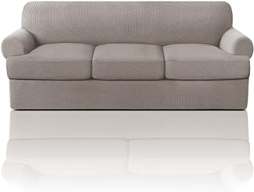 PrinceDeco T Cushion Sofa Slipcover 4 Pieces Sofa Covers for T Cushion Couch Soft Sofa Slip Covers Furniture Protector with 3 Individual T Shape Seat Covers Width Up to 88 Inch, Taupe