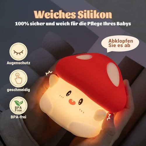 Rytinazzz Silicone Night Light for Kids, 50H Long Battery Mushroom Lamp, Gift for Kids, Cute Bedside Light for Girls Room, Rechargeable Tap Control