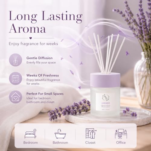 Reed Diffuser for Home, Orelune Lavender Diffuser 100ml/ 3.38fl oz, Reed Diffuser Set Home Fragrance Flower Scent Diffuser for Bathroom Shelf Decor