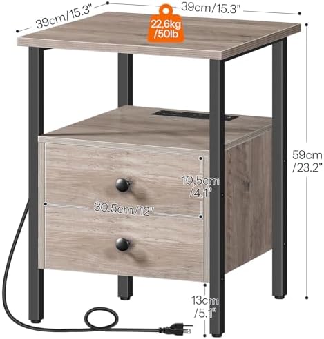 HOOBRO End Table with Charging Station, Bedside Table with Drawers