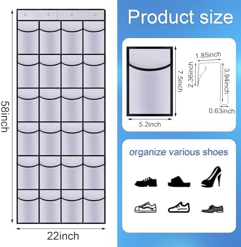Over the Door Shoe Organizer,24 Mesh Pockets,Hanging Storage (White)