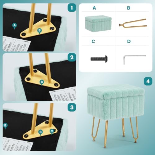 DUMOS Vanity Stool Chair, Ottoman with Storage, Makeup Cute Soft Small Footstool, Modern Style Faux Fur Seat with 4 Metal Legs & Adjustable Feet for Dressing, Living Room, Bedroom, Dorm, Sage