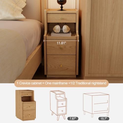 AQIMUELE Solid Wood Narrow Nightstand with 3 Drawers,Light Wood Color 11.8"