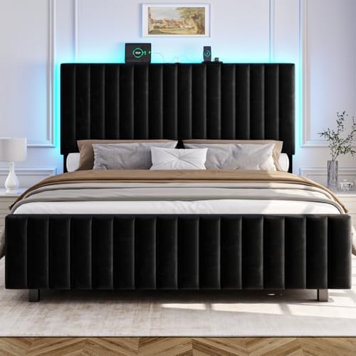 50" Tall Full Size Bed Frame with Adjustable Headboard, Upholstered Platform Full Bed Frame with Charging Station & LED Lights, Modern Luxury Velvet Tufted Bed, No Box Spring Needed, Black