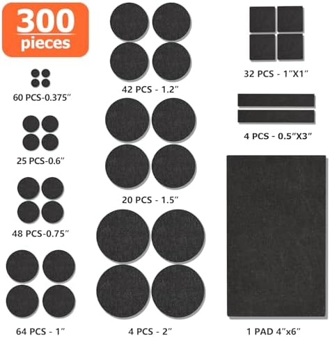 Felt Furniture Pads 300 Pieces, Furniture Pads for Hardwood Floors, Felt Pads for Chair Legs Furniture, Floor Protectors for Furniture Black (Pack of 2)