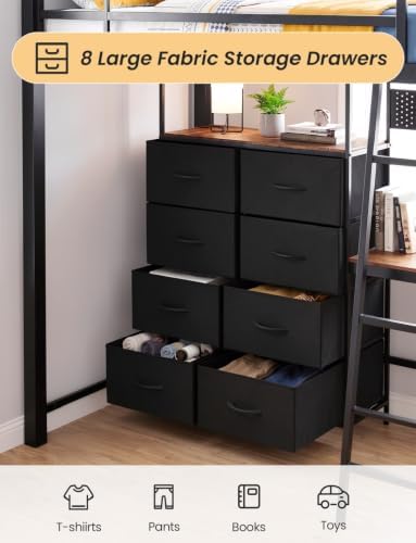 Twin Metal Loft Bed with Desk and 8 Large Fabric Drawers, Heavy Duty, Black