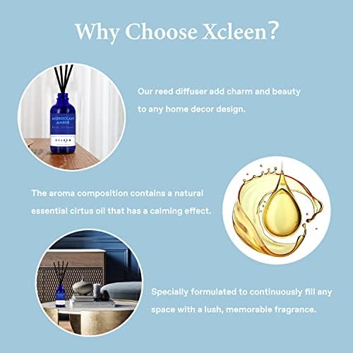 Xcleen Reed Oil Diffuser Set, Fragrance Diffuser - Floral Notes, Vanilla, Cinnamon & Amber, Includes 6 Rattan Scented Sticks Diffuser Reeds, Home & Office Decor, 110ml/3.7oz