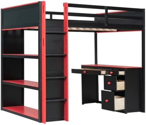 LUMISOL Full Gaming Loft Bed with Desk and Storage Shelves, Solid Wood Loft Bed with Drawers and Computer Desk for Teens, Space Saving High Loft Bed Frame for Kids Bedroom Red