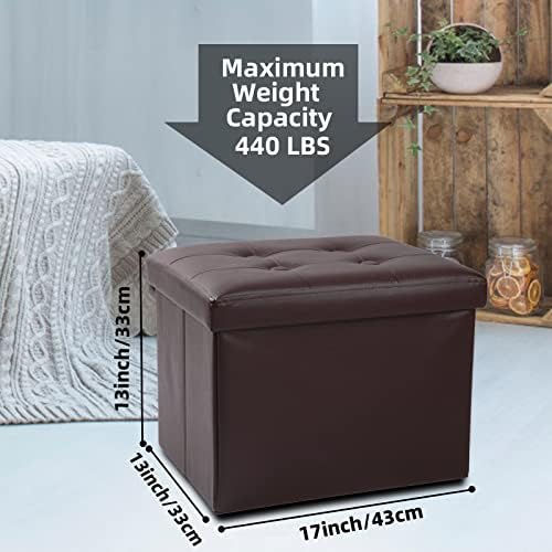 ALASDO Storage Ottoman Footrest Stool Small Ottoman with Storage Foldable Ottoman Leather Foot Rest Footstool Bench for Living Room 17x13x13inches Brown