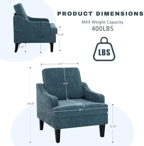 Accent Chair for Living Room,Mid-Century Arm Chair Fabric Living Room Chairs,Upholstered Reading Chair for Bedroom,Single Sofa Chair with Wood Legs for Apartment (1, Chenille Blue)