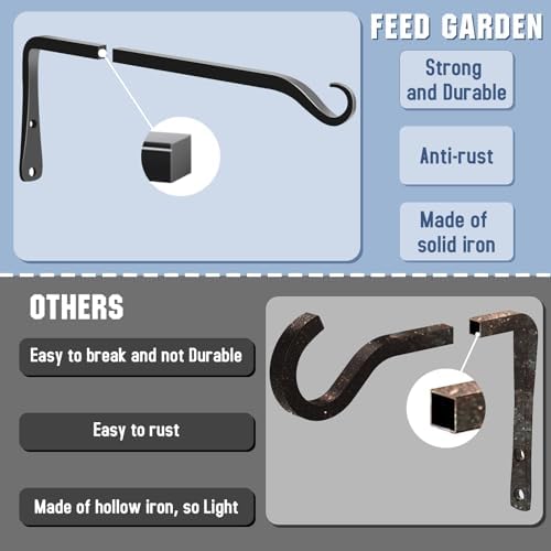 FEED GARDEN Heavy Duty Plant Hooks - 2 Pack 12 Inch Wall Mounted Hanging Brackets, 48lb Capacity Steel Plant Hangers for Bird Feeders, Baskets, Wind Chimes Outdoor Indoor- Black