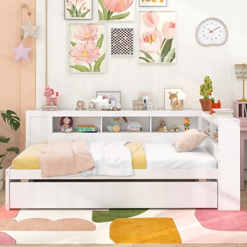 KOMFOTT Twin Size Daybed with Trundle, Trundle Bed with L-Shaped Bookcase