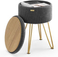 Round Ottoman with Storage, Textured Velvet Storage Ottoman, Foot Stool Ottomans, Makeup Vanity Stool, Small Ottomans Foot Rest, Modern Vanity Stools for Living Room and Bedroom, Grey