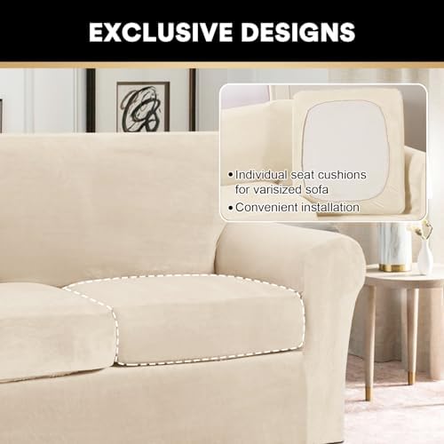 PrinceDeco Velvet Couch Covers for Sofa Soft 4 Pieces Couch Covers for 3 Cushion Couch Sofa Pet Friendly Furniture Protector with Non Slip Elastic Bottom Width Up to 97 Inch (Large Sofas, Cream)