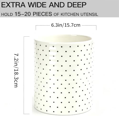 Kitchen Utensil Holder,7.2-inch Extra Large Ceramic Polka Dots Pattern Utensil Crock,Cooking Utensil Organizer for Kitchen Counter Decor,Storage Caddy Farmhouse Gift White