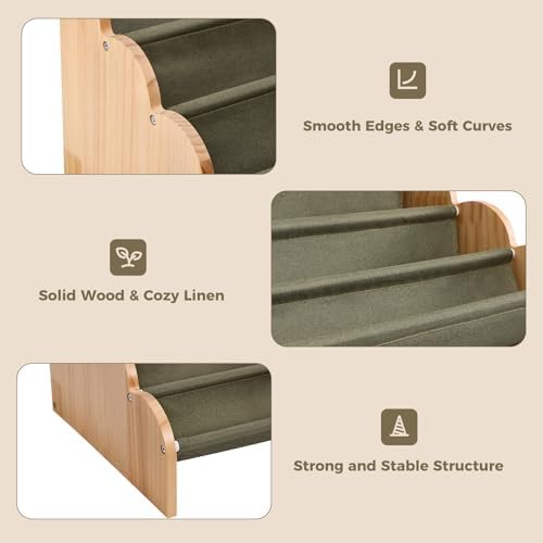 Puricon 4-Tier Kids Bookshelf, Wooden Bookcase Organizer for Toddlers with Deep Pockets & Wavy Edge, Decorative Front-Facing Sling Book Rack for Kids Rooms, Nursery, Playroom and Classroom -Sage