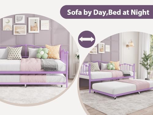 GarveeHome Twin Daybed with Trundle, Metal Sofa Bed Frame with Steel Slat Support, Twin Size Space-Saving Furniture for Living Room, Bedroom, Love Heart Design, No Box Spring Needed, Purple