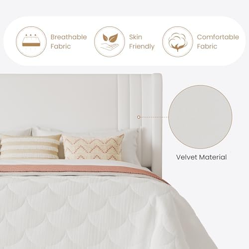 SHA CERLIN Queen Velvet Upholstered Bed Frame, Wingback Headboard, White
