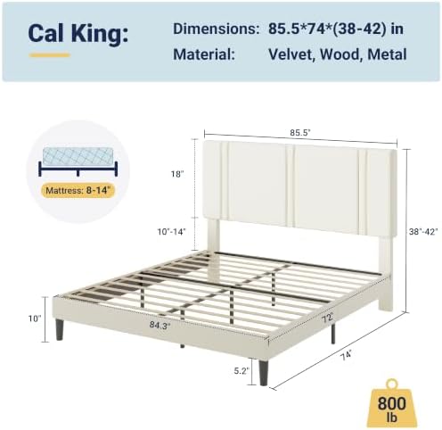 Allewie Cal King Platform Bed Frame with Velvet Upholstered Headboard