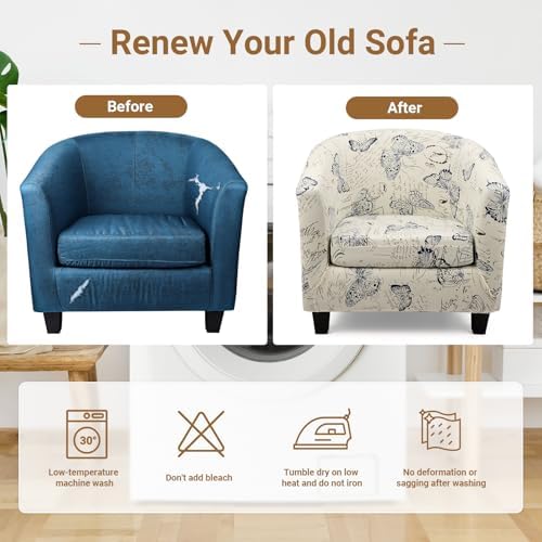 Club Chair Slipcover, 2 Pack Thick Beige/Blue Round Soft Armchair Sofa Cover, Stretch Barrel Chair Slipcovers Removable Couch Furniture Protector for Bar Living Room Bedroom Hotel Counter
