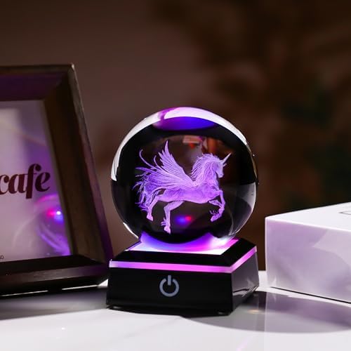 Unicorn Gifts For Women 3D Crystal Ball 3.14'' - 80mm Laser Unicorn Decor Glass Animals Figurine Statue Night Light For Room Decorations