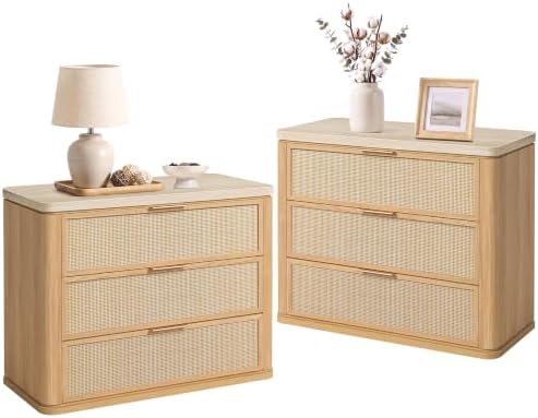 Night Stand Set 2, Rattan Nightstand with 3 Drawers