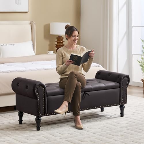 51" Storage Bench for Bedroom, Faux Leather End of Bed Bench, Queen Size Bench with Rolled Arms, Tufted Storage Ottoman Benches, Upholstered Bench for Bedroom, Living Room, Entryway, Dark Brown