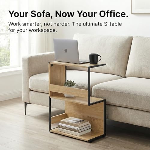 Bookshelf, Small End Table, S Shape Bookcase W/ 2-Layer Storage Shelves, Sofa Side Table for Small Spaces, Nightstand for Bedroom, Living Room, Stable Frame, Oak