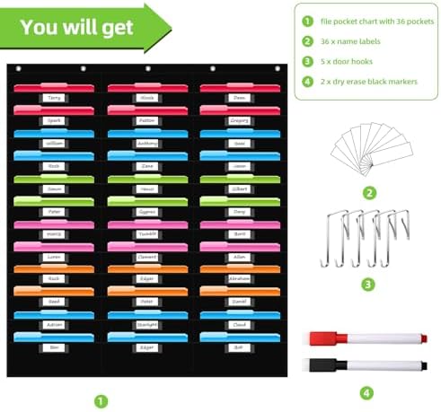 36 Pockets File Storage Pocket Chart with 36 Nametag Pockets, Hanging Wall File Organizer for Classroom and Office, Organize Your Assignments, Files, Scrapbooks, Paper (Black-36 Pockets)