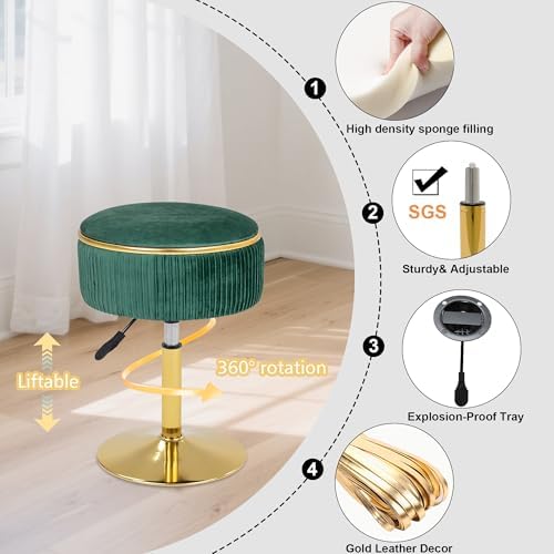 Adjustable Vanity Stool, Velvet Makeup Stool with Storage Green