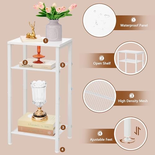 Hoctieon 3 Tier End Table, Telephone Table, Narrow Side Table with Storage, Nightstand for Small Spaces, Metal Frame, for Living Room, Bedroom, Sofa Couch, Hall, Easy Assembly, White