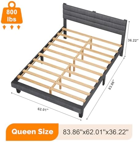 VINGLI Queen Upholstered Platform Bed Frame with Headboard,Linen Dark Gray