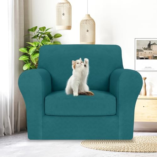 MAXIJIN 2 Piece Chair Covers Chair Slipcover with Arms, Sofa Chair Cover for Living Room Armchair Cover, Stretch Pet Dog Slip Cover for A Chair with 1 Cushion (31"-46", Teal)