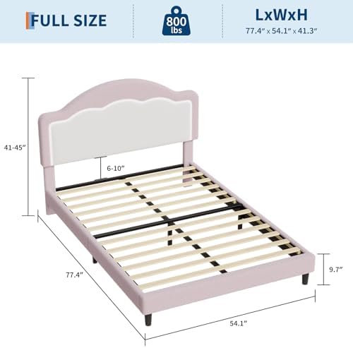IDEALHOUSE Full Bed Frame with LED Headboard, Boucle Fabric Upholstered Platform Bed with LED Light for Kids, Girls, Wooden Slats Support, No Box Spring Needed, Pink