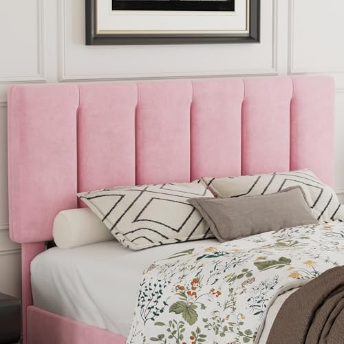 VECELO Full Size Bed Frame with Upholstered Headboard, Velvet & Pink