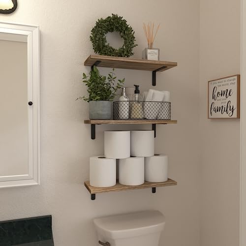 WOPITUES Wood Floating Shelves Set of 6, Shelves for Wall Decor, Farmhouse Shelf for Bedroom, Bathroom Storage Shelves, Book Shelves for Living Room - Rustic Brown (Pack of 2)