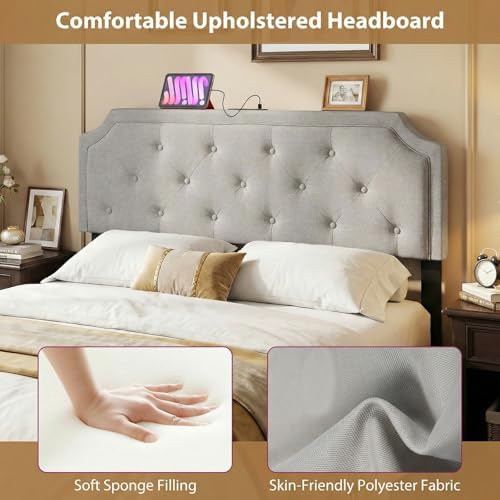 GIANTEX Headboard with Charging Station, Queen/Full Size Diamond Tufted Upholstered Head Board w/2 AC Outlets, USB & Type-C Ports, Rubber Wood Legs, Width Adjustable Modern Bed Headboard Only (Grey)