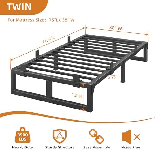 12 Inch Metal Twin Bed Frames with Stable Steel Support, Noise-Free