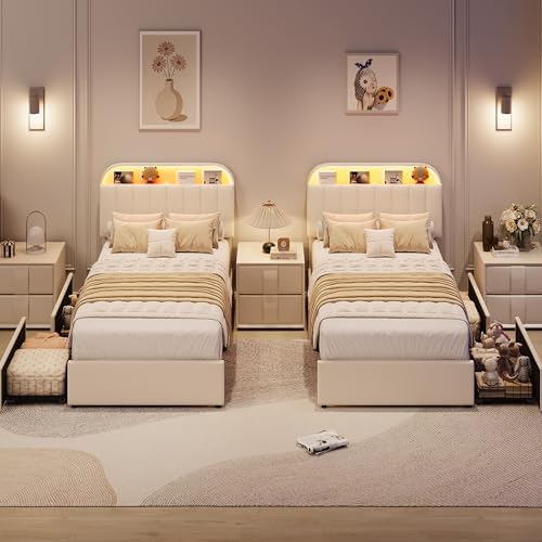 GarveeHome Twin Bed Frame, Platform Bed with Storage Headboard & Drawers