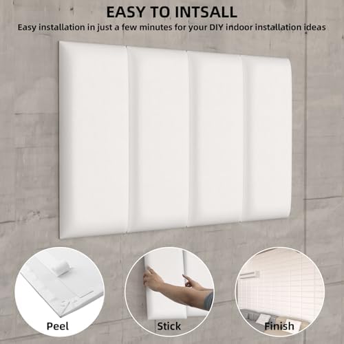 Peel and Stick Headboard White Upholstered Wall Panels, 4 Panels Sized 7.8" x 15.7", 3D Anti-Collision Soundproof Self-Adhesive Wall Panel for Bedroom