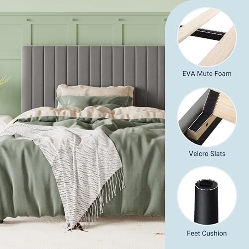Allewie Twin Bed Frame, Velvet Upholstered Platform Bed with Adjustable Vertical Channel Tufted Headboard, Mattress Foundation with Strong Wooden Slats, Box Spring Optional, Easy Assembly, Grey