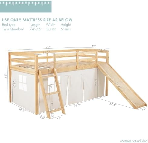 Spirich Solid Wood Kids Twin Loft Bed with Slide and Under-Bed Play Curtain